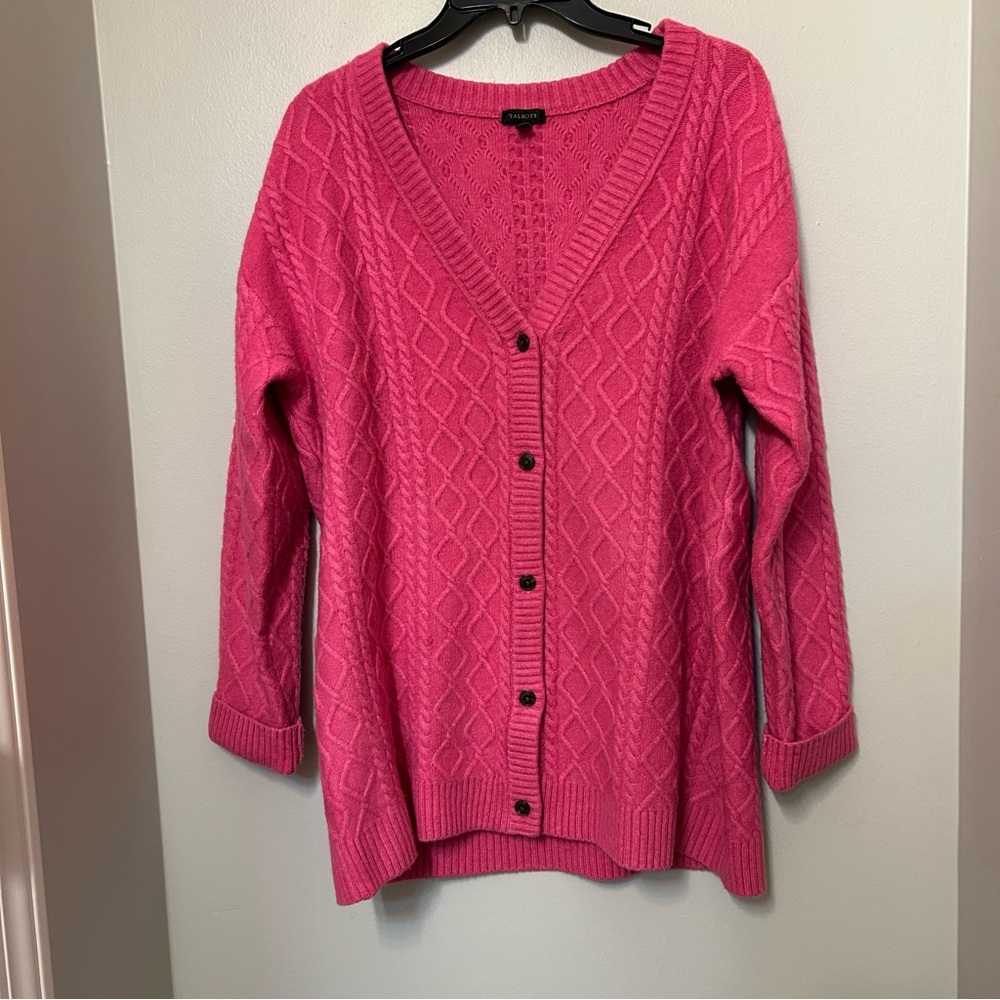 Talbots Wool Alpaca Blend Pink Button Cardigan Sweater Women’s Sz L EUC cottage
